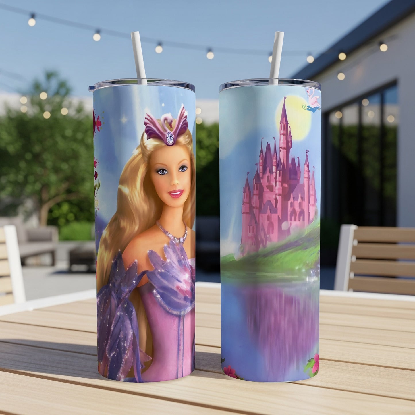 Barbie fairy princess and pink castle on a tumbler.