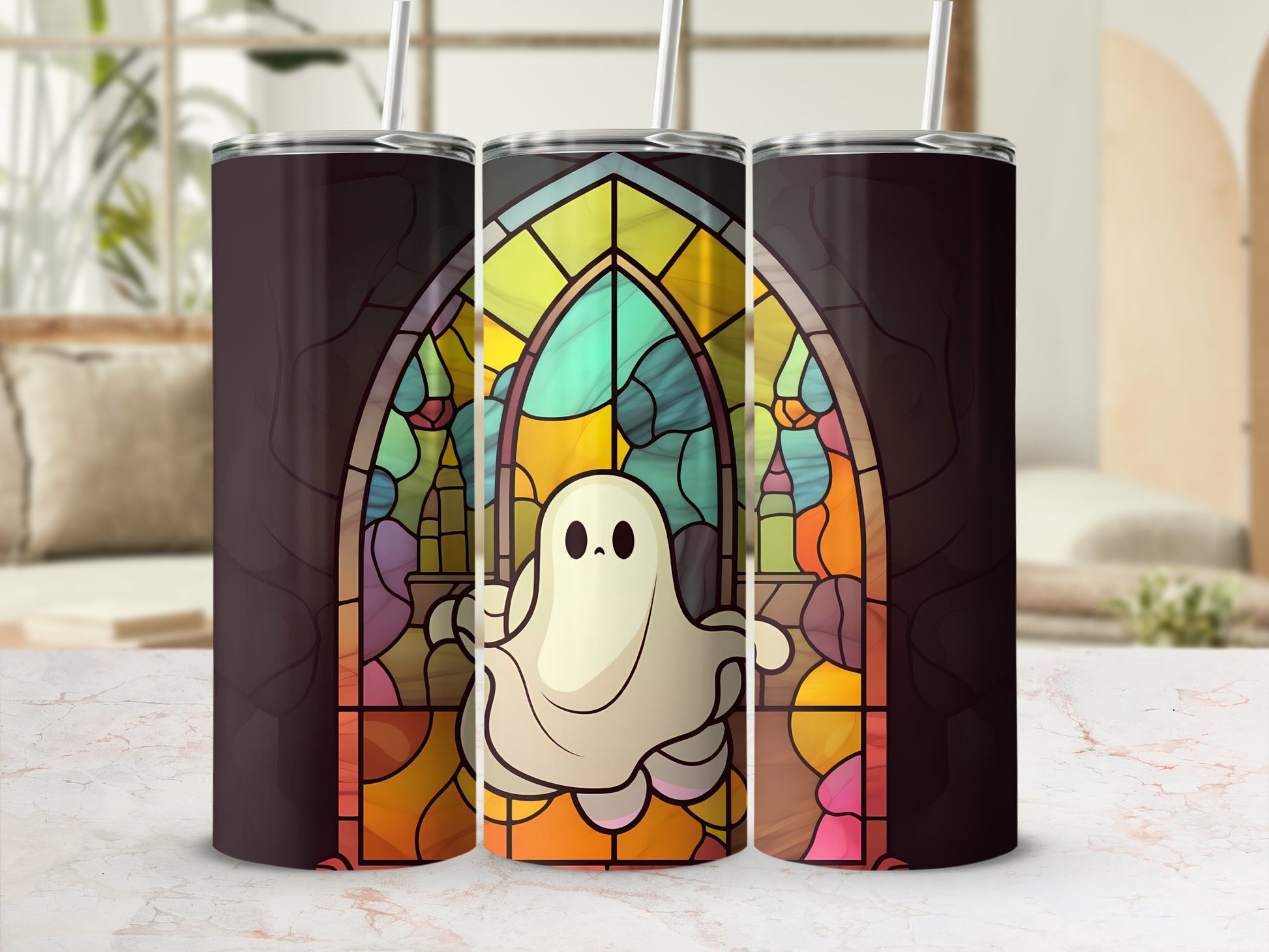 Ghost and stained glass pattern on a tumbler.