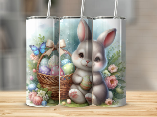 Easter bunny with basket of colorful eggs and spring flowers.