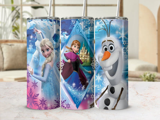 Elsa and Anna with Olaf on a snowflake-patterned tumbler.