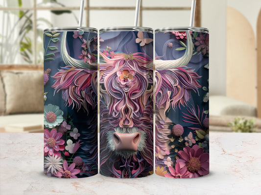Highland cow with floral mane and pink butterfly accents.