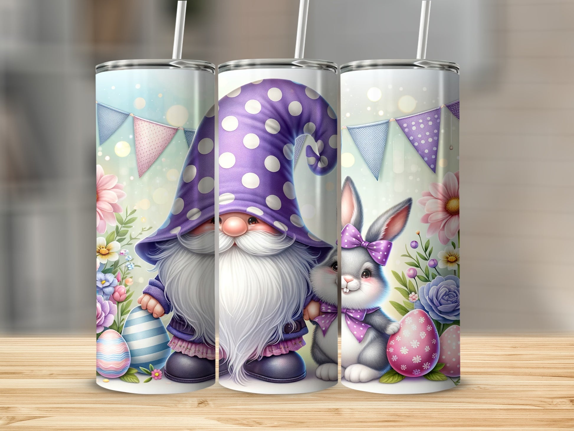 Easter gnome with polka dot hat and bunny on a floral patterned tumbler.