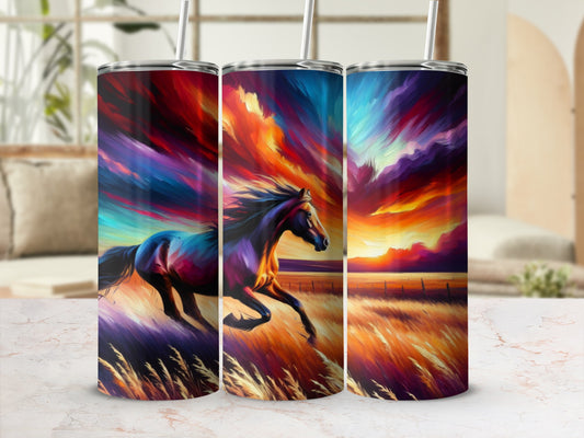Running horse with colorful sunset sky, viewed on three tumblers.