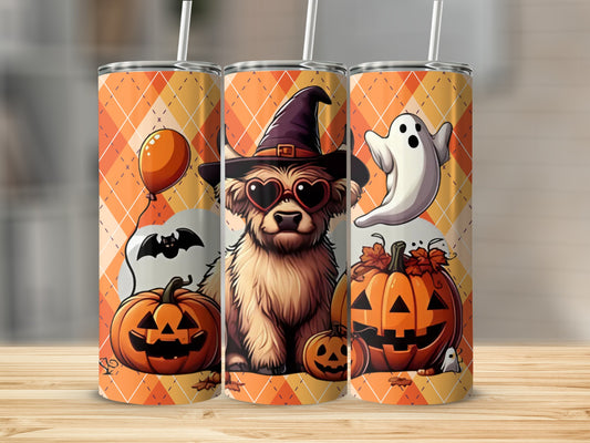 Halloween Themed Tumbler with Dog and Pumpkin Design