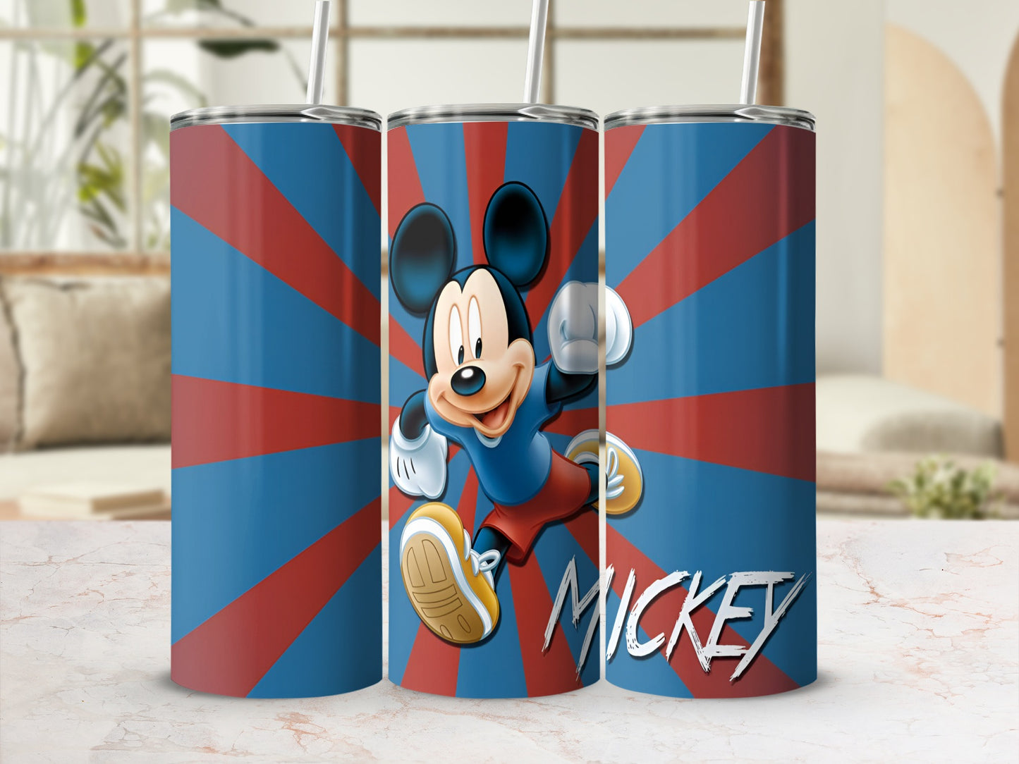 Mickey Mouse character on a blue and red striped tumbler.