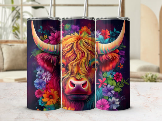 Highland cow portrait surrounded by vibrant, colorful floral accents.