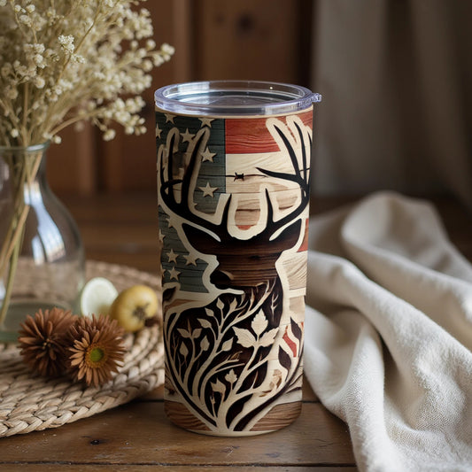 Rustic Deer Silhouette and Flag Tumbler for Outdoor Enthusiasts