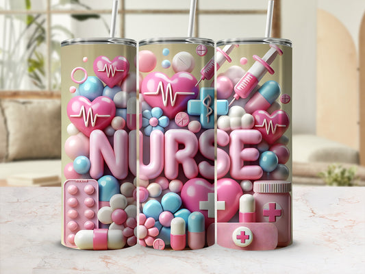 Nurse tumbler with medical and heart-shaped icons and pills.