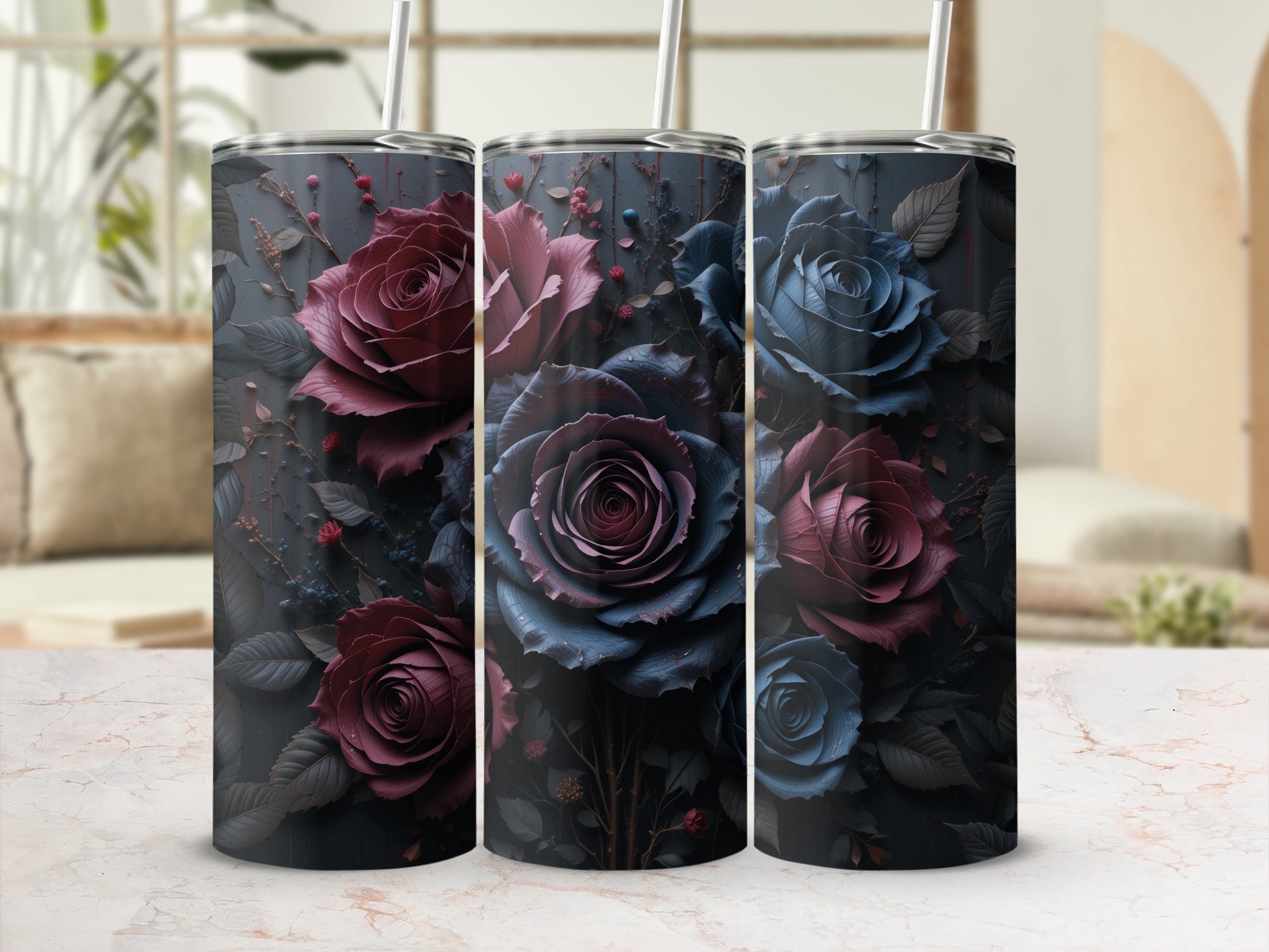 Elegant Dark Floral Design Tumbler for Stylish Hydration