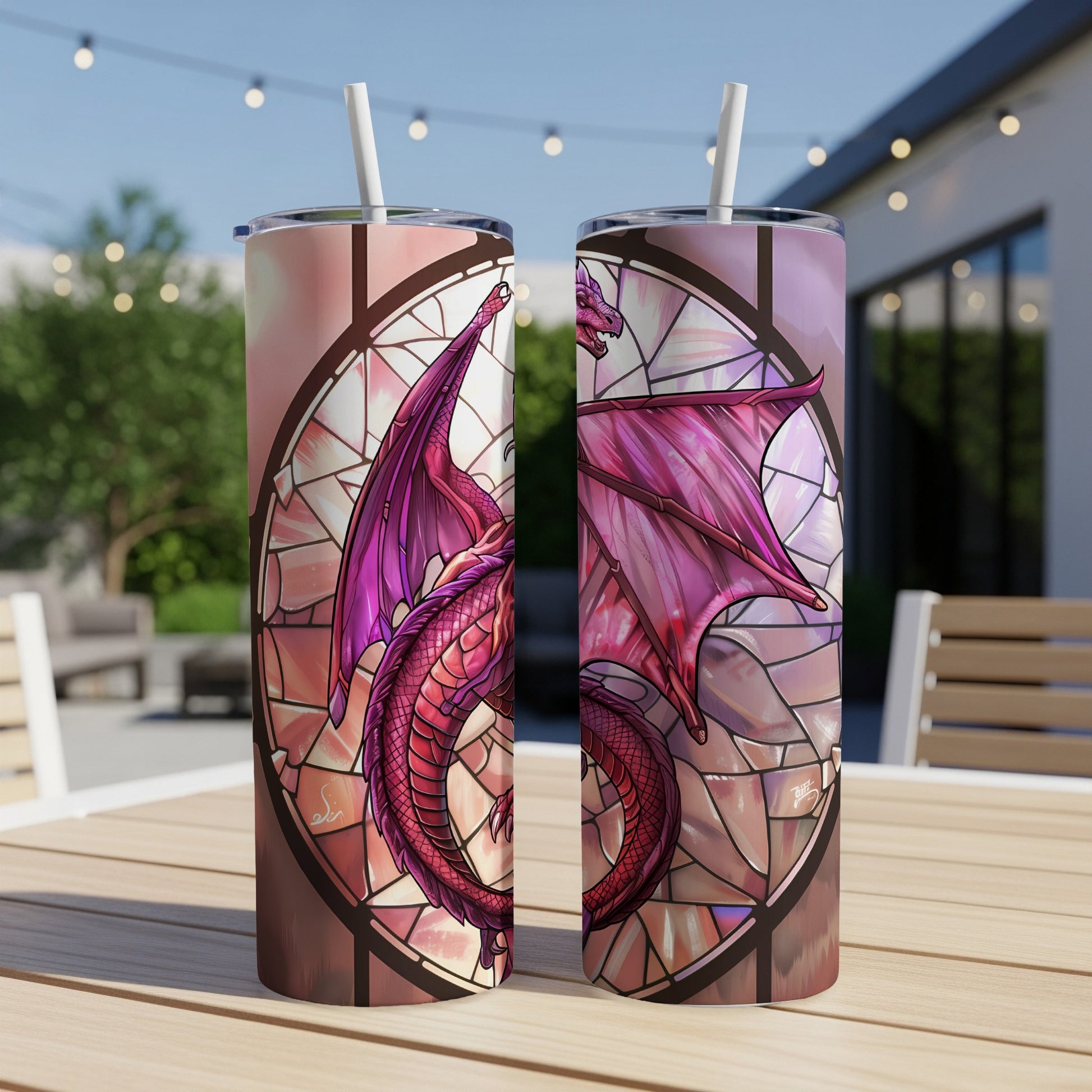 Dragon in stained glass pattern on a double-sided tumbler.