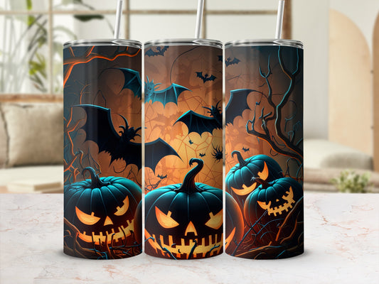 Three tumblers with a Halloween design featuring jack-o'-lanterns and bats.