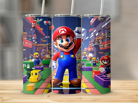 Super Mario standing with fists raised, surrounded by game characters and scenery.