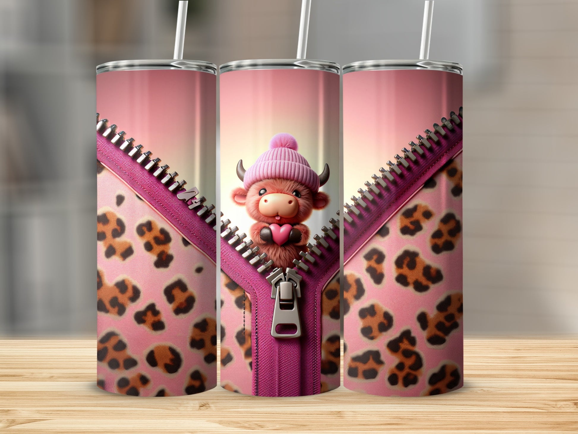 Pink leopard print tumbler with zipper opening revealing cute cow character.