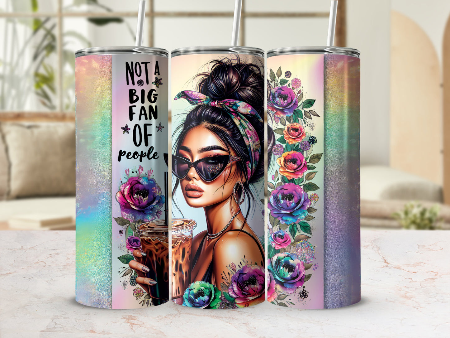 Tumbler with "Not a big fan of people" text and floral designs.