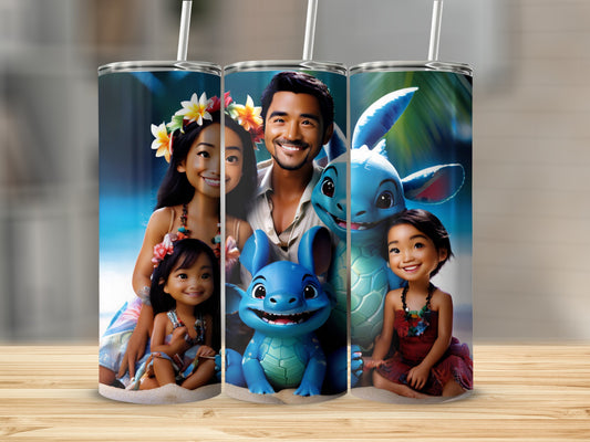 Family with Stitch from Lilo & Stitch on a beach.