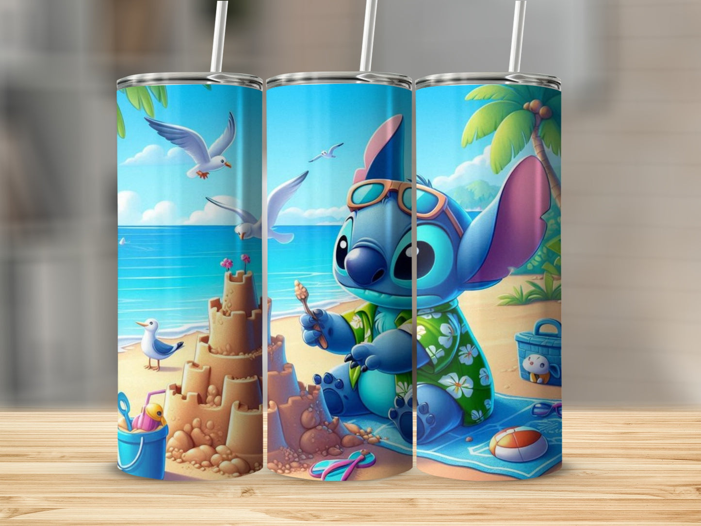 Adorable Beach Scene With Stitch Design Tumbler