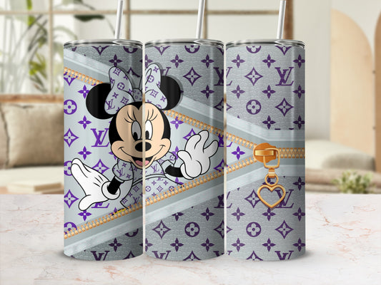 Minnie Mouse in a gray and purple monogrammed tumbler with a gold zipper accent.