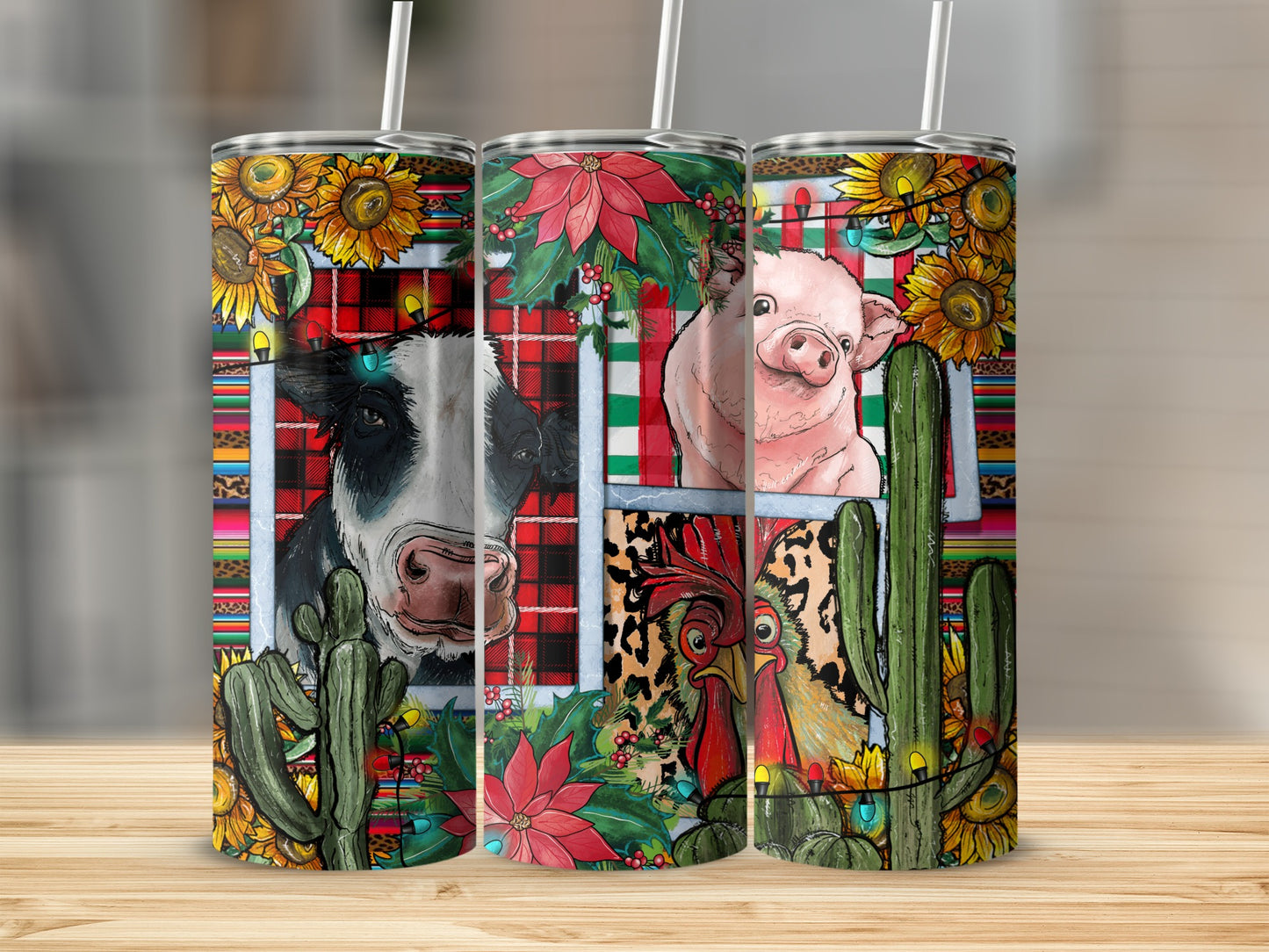 Farm animals, sunflowers, poinsettias, and Christmas lights adorn three tumblers.