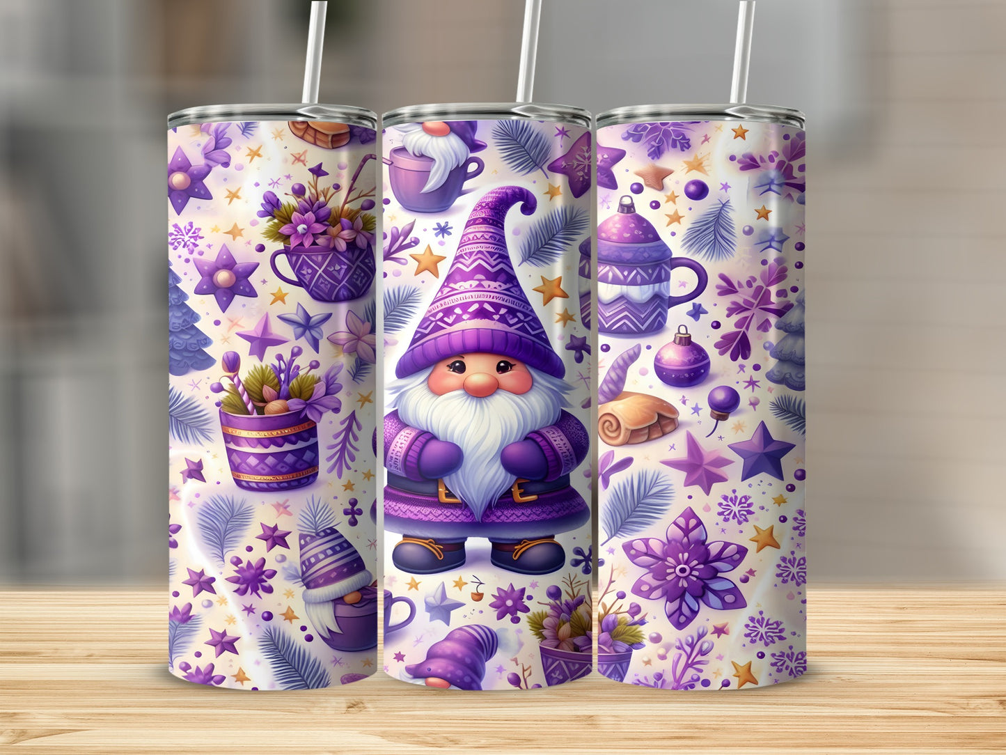 Purple gnome and floral Christmas pattern on three tumblers.