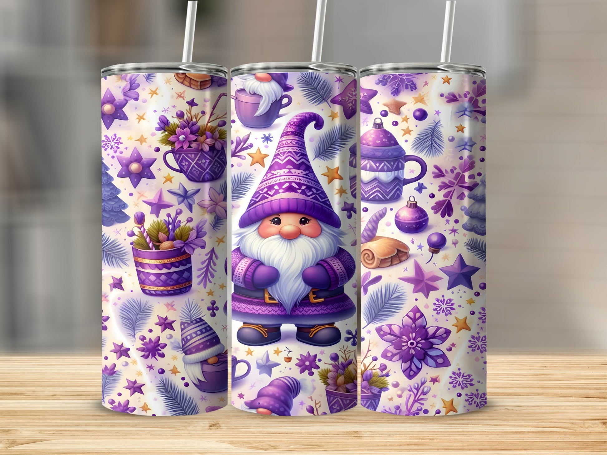 Purple gnome and floral Christmas pattern on three tumblers.