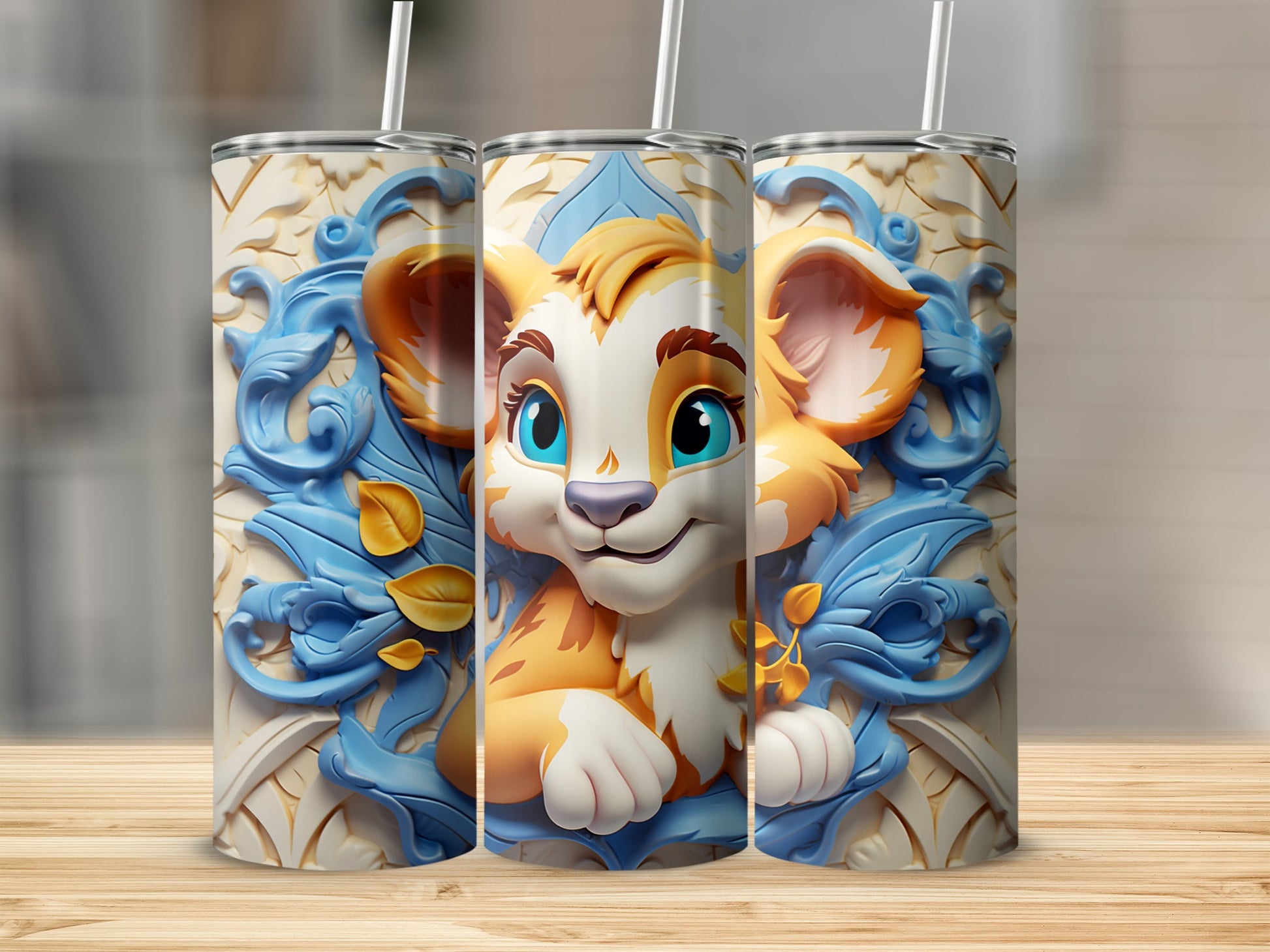 Cute Cartoon Lion Design Tumbler with Straw