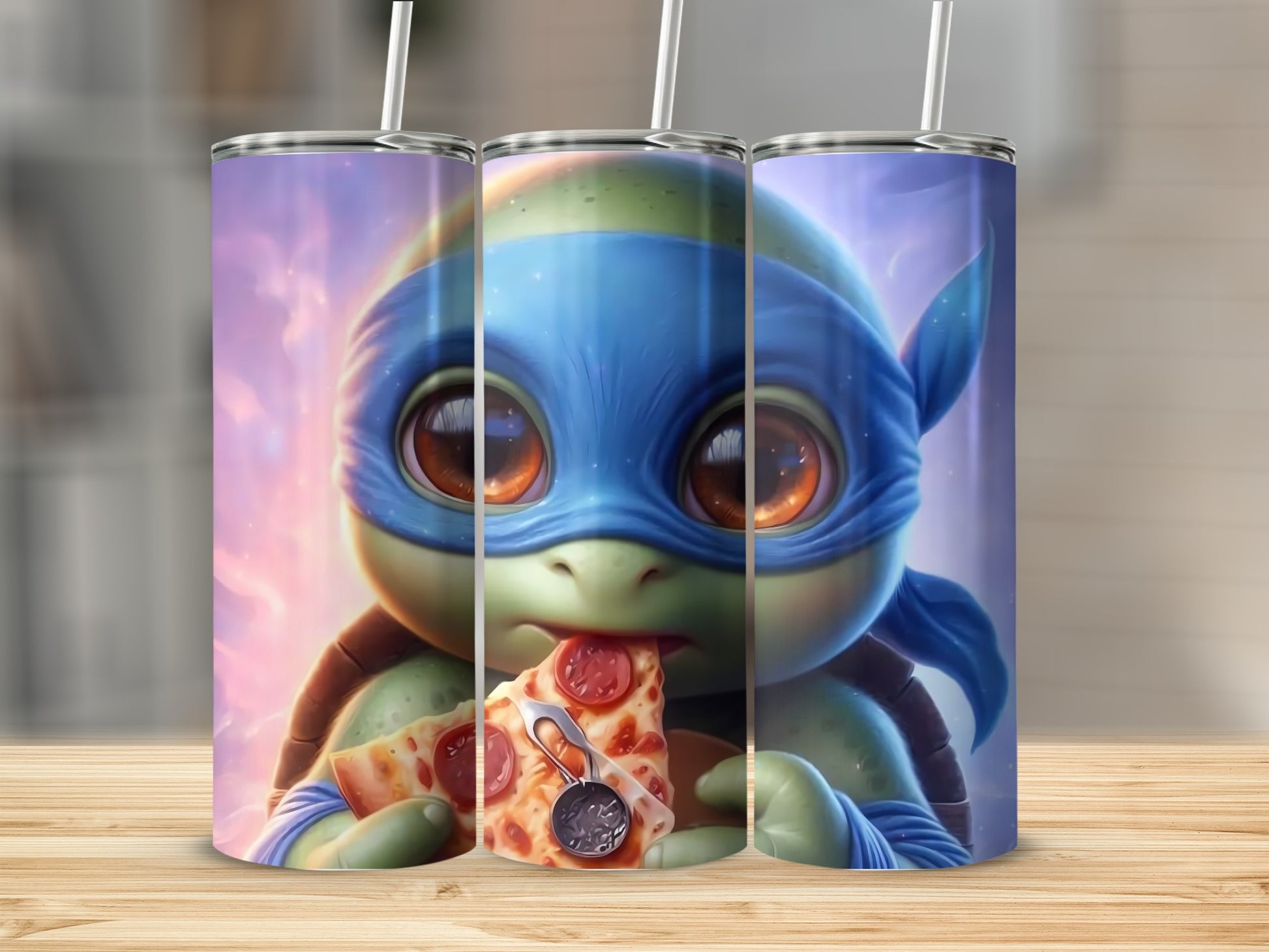 Cute Blue Ninja Turtle Eating Pizza Tumbler