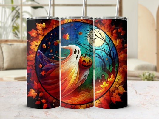 Three tumblers feature a Halloween design with a ghost, pumpkin, and haunted castle amid autumn leaves.