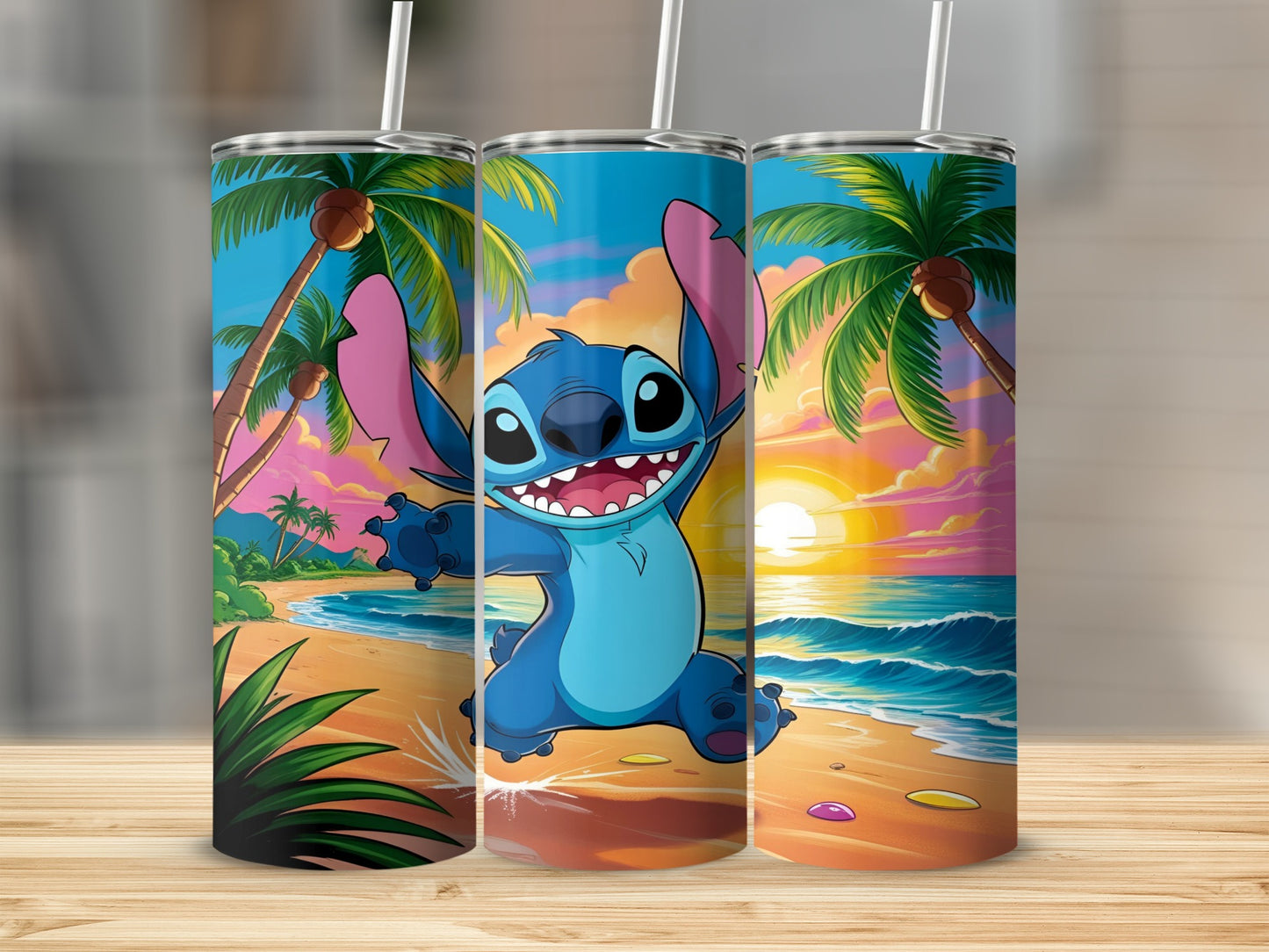 Stitch character on beach with palm trees and sunset.