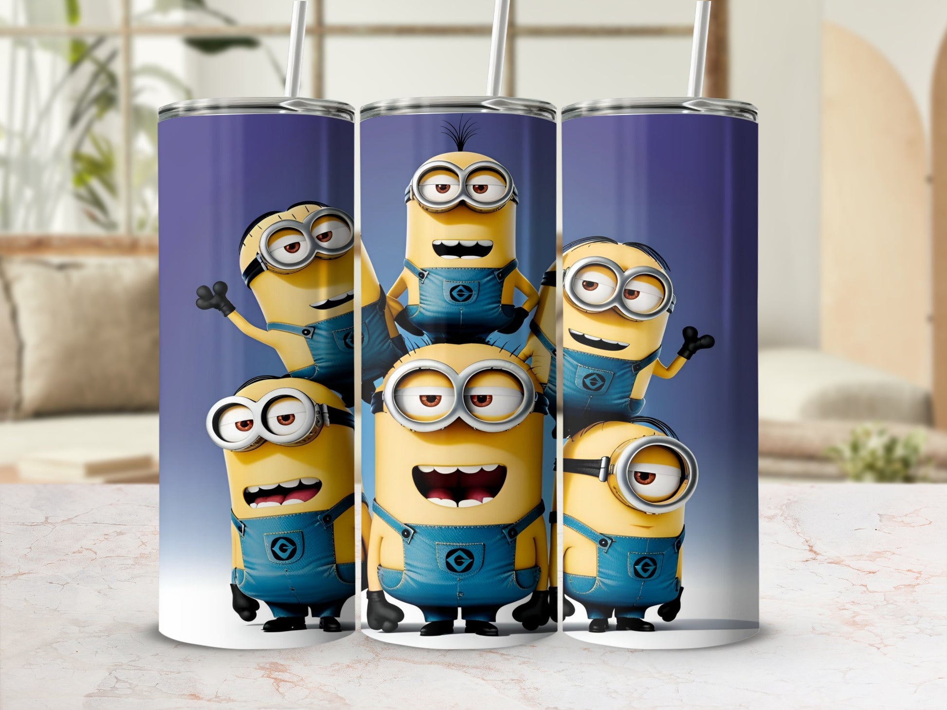 Group of six cartoon Minions in denim overalls against a purple background.
