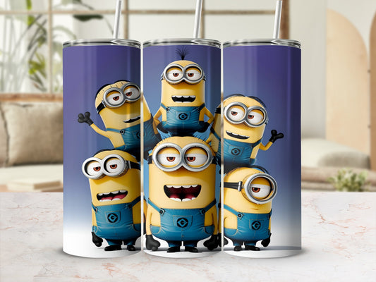 Group of six cartoon Minions in denim overalls against a purple background.