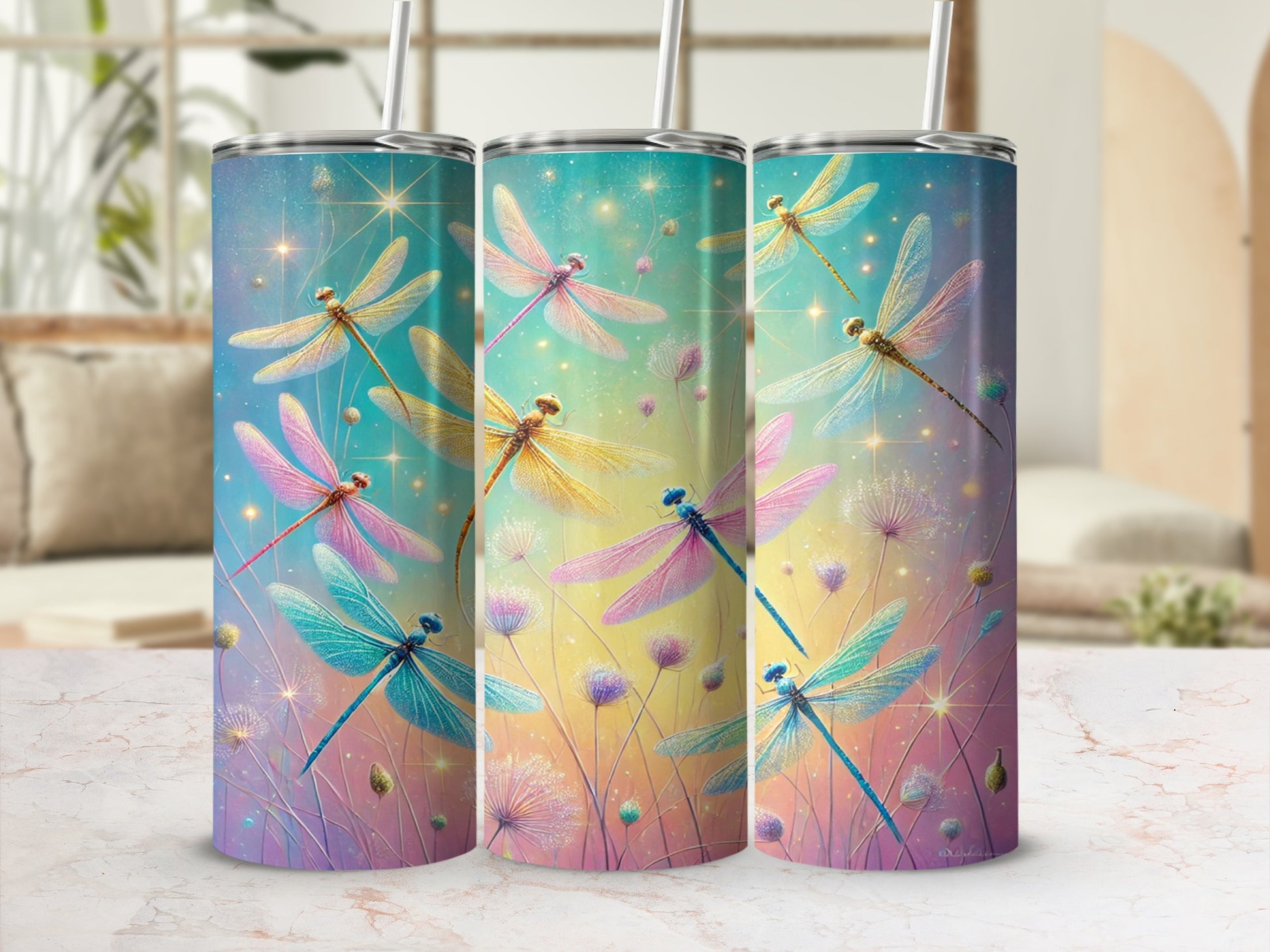 Colorful Dragonfly Tumbler with Straw and Lid