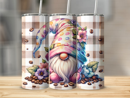 Gnome with polka dot hat, surrounded by coffee beans and flowers, on a plaid background.
