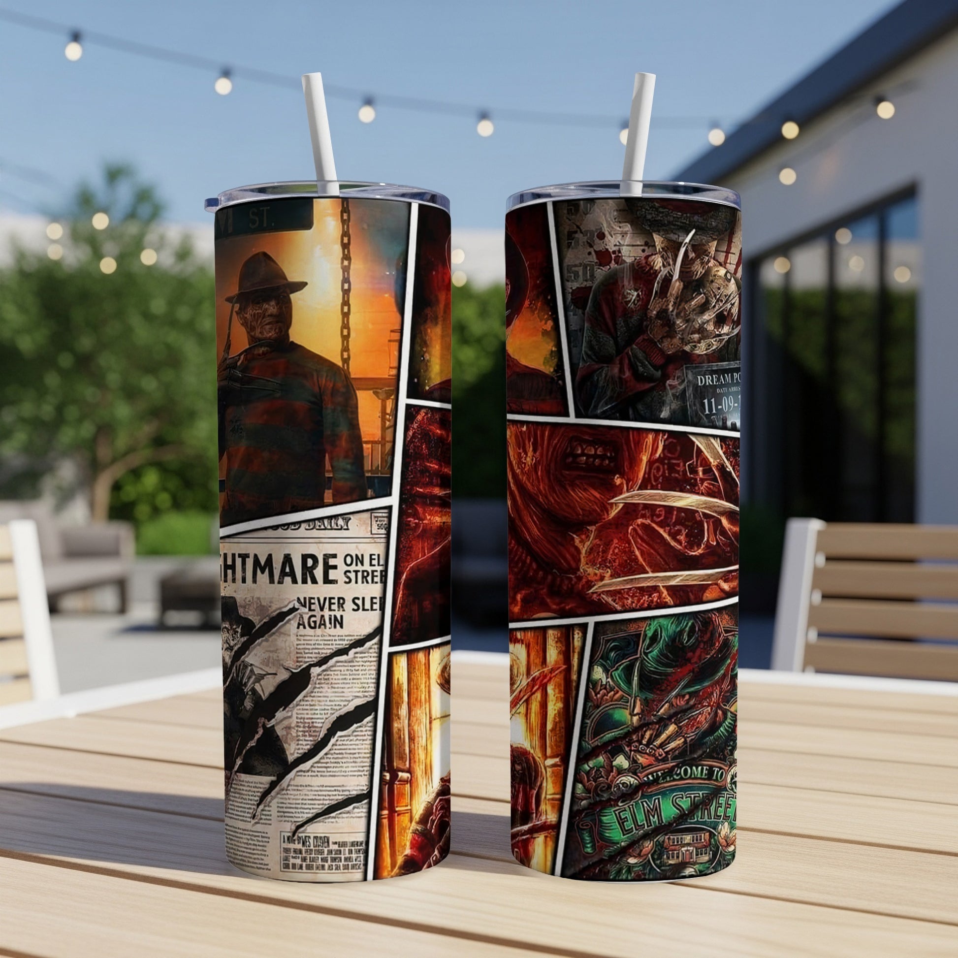 Freddy Krueger collage tumbler with "Nightmare on Elm Street" text.