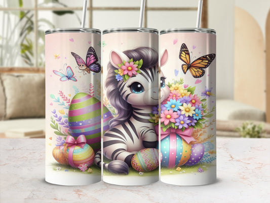 Cute zebra with Easter eggs and butterflies on a pink gradient background.