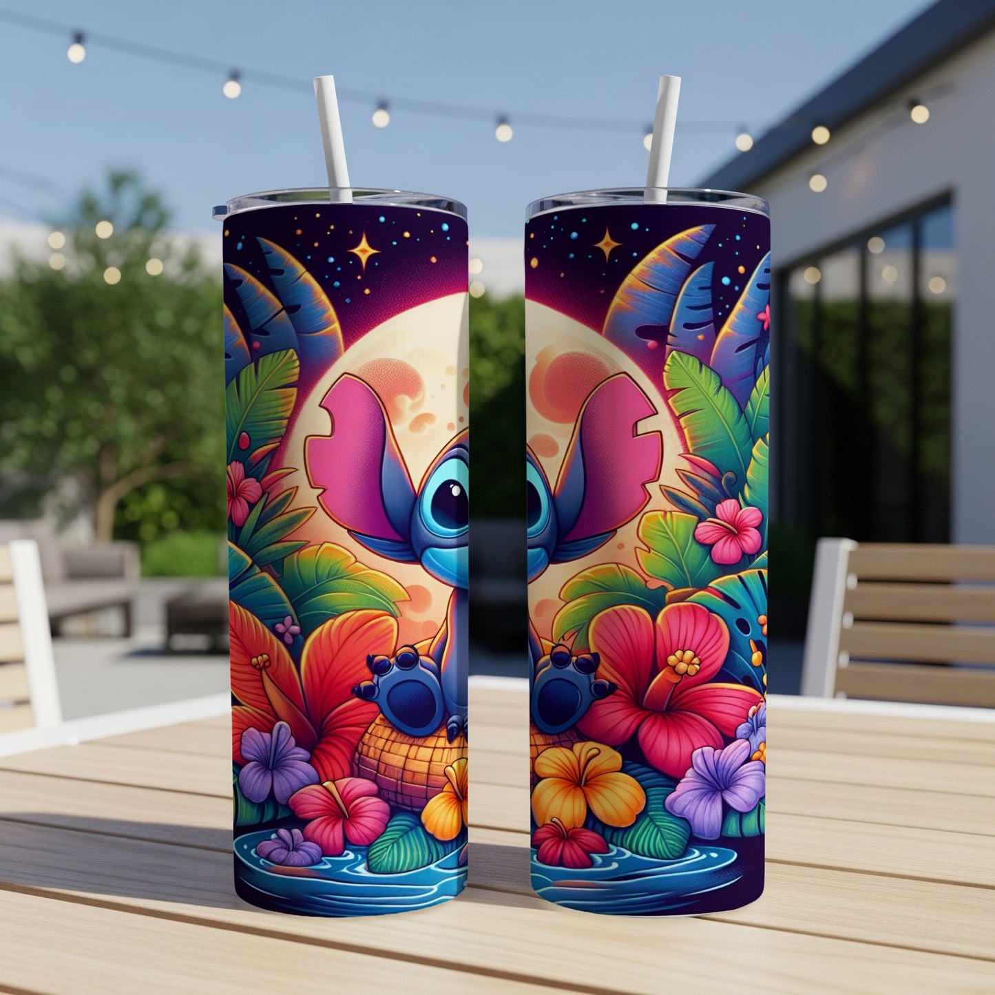 Stitch character with tropical flowers and moon on a tumbler.