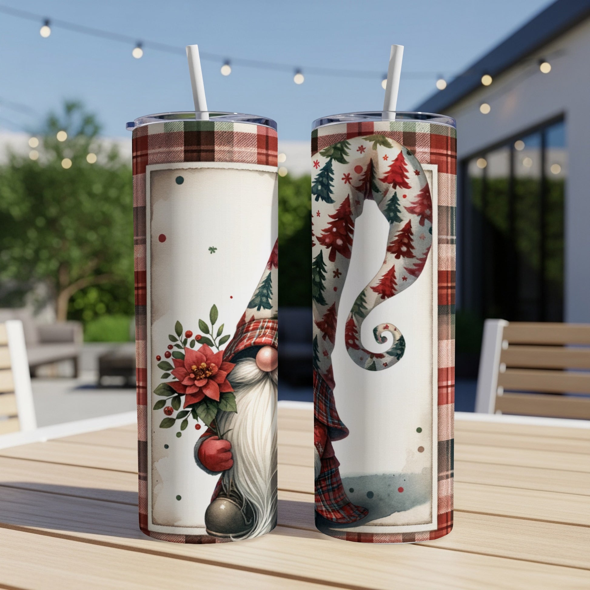 Two tumblers with a gnome wearing a plaid hat and a red bow.