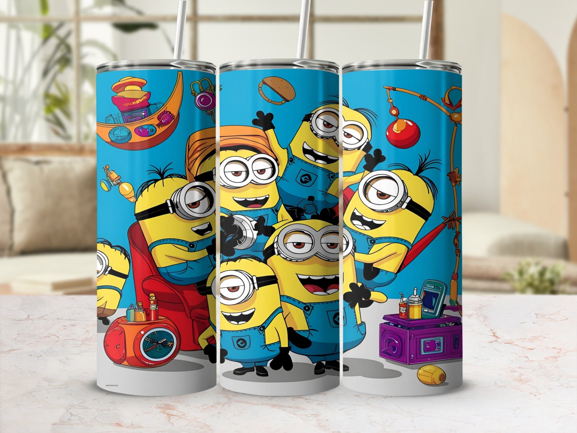 Minions characters on a blue tumbler with straws, on a table.