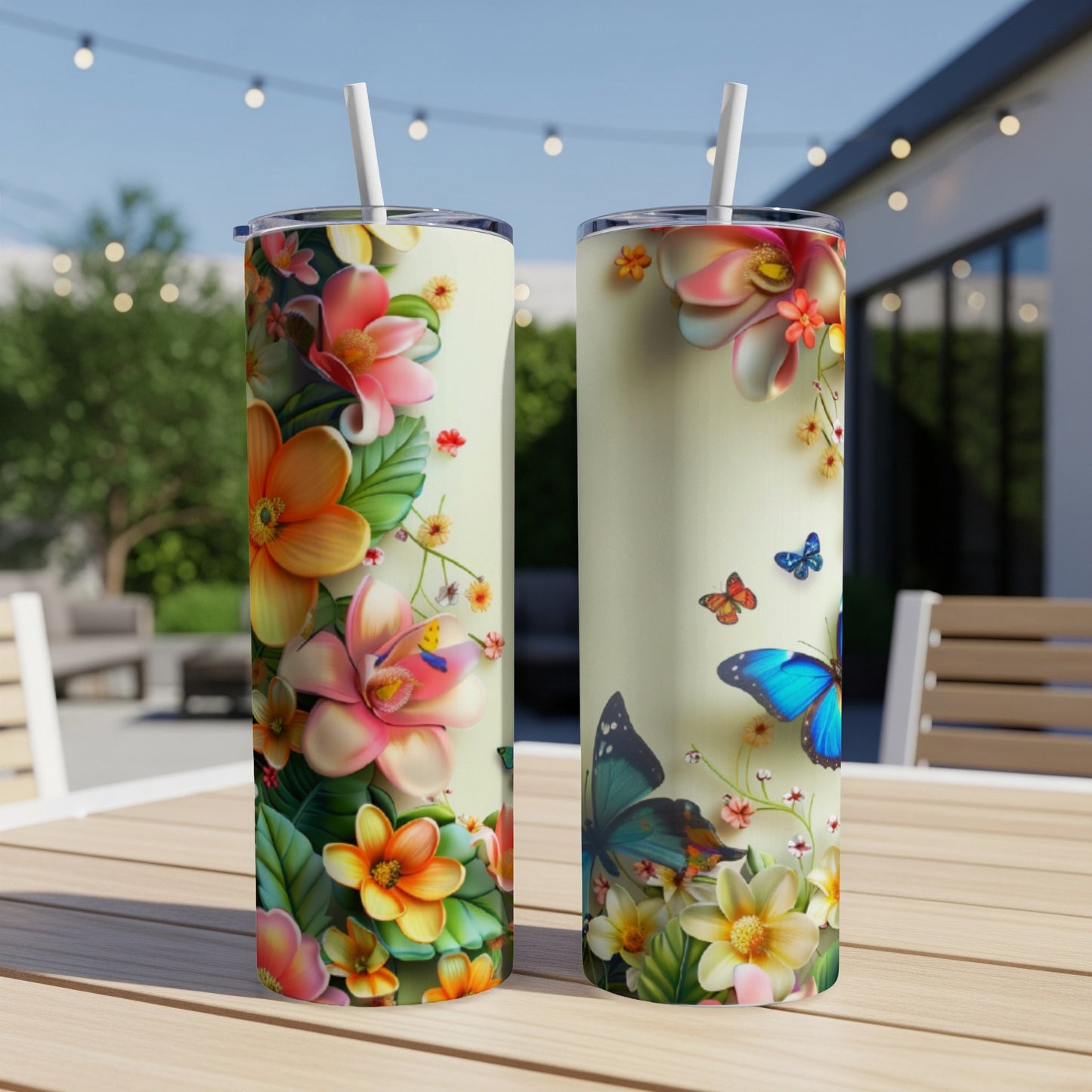 Two tall tumblers with vibrant floral and butterfly designs on a table.