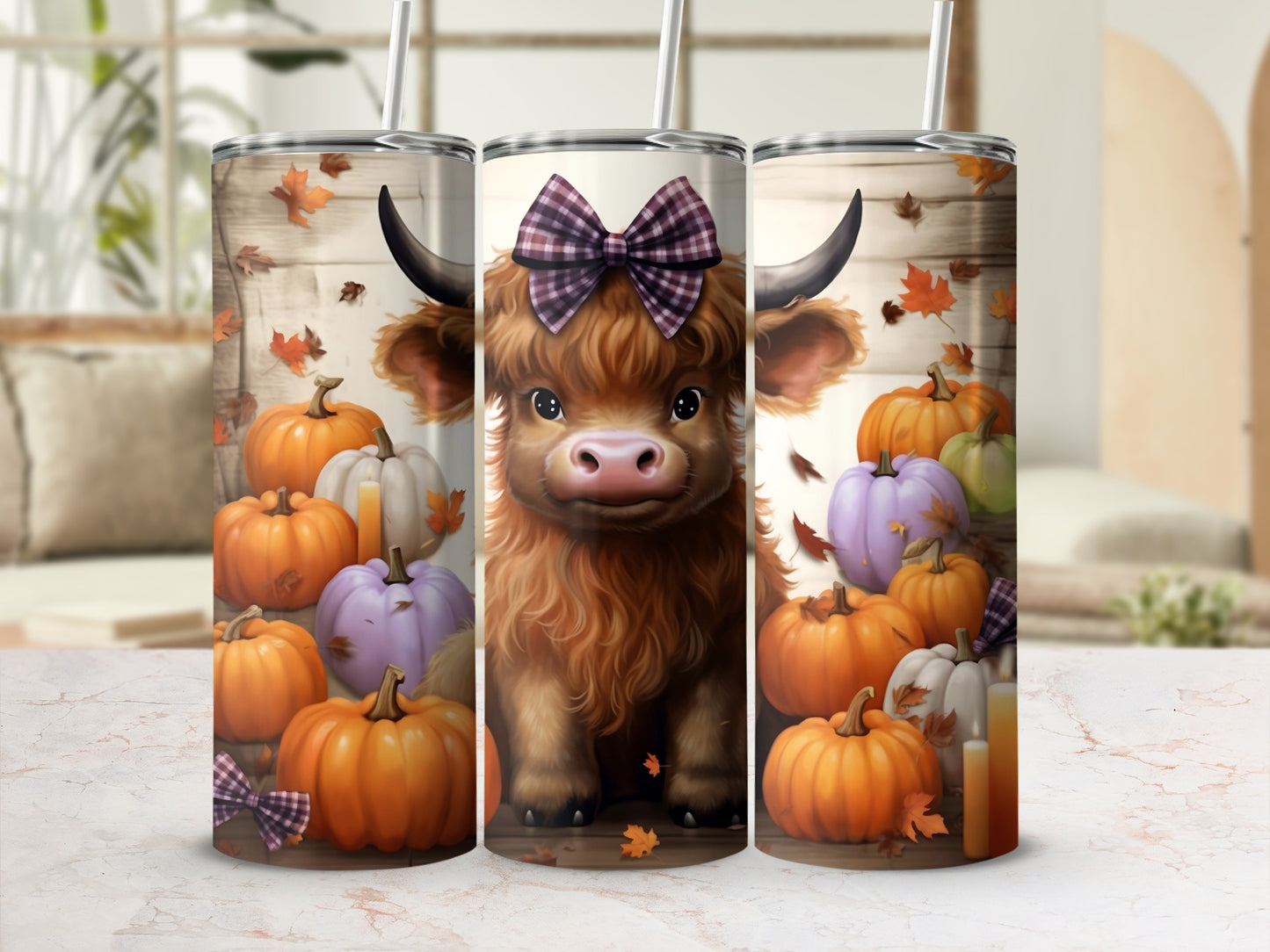 Adorable Highland Cow and Pumpkins Tumbler Cup