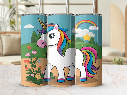 Cartoon unicorn with rainbow mane and horn on a colorful landscape.