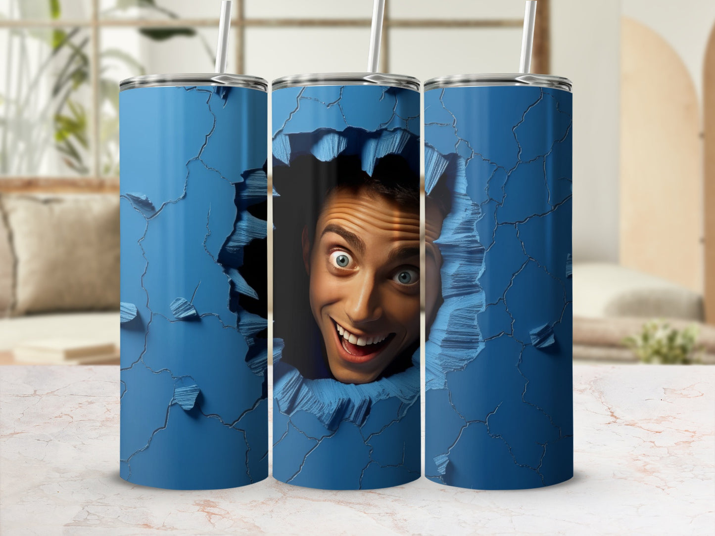 Tumbler with a man's shocked face peeking through a blue cracked wall design.