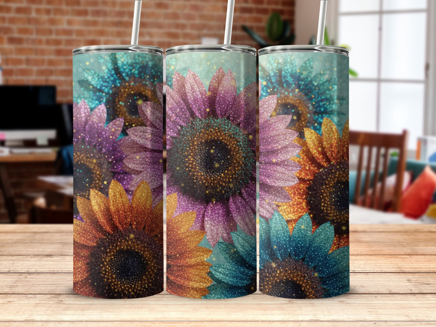 Colorful Sparkling Sunflowers Tumblers Set