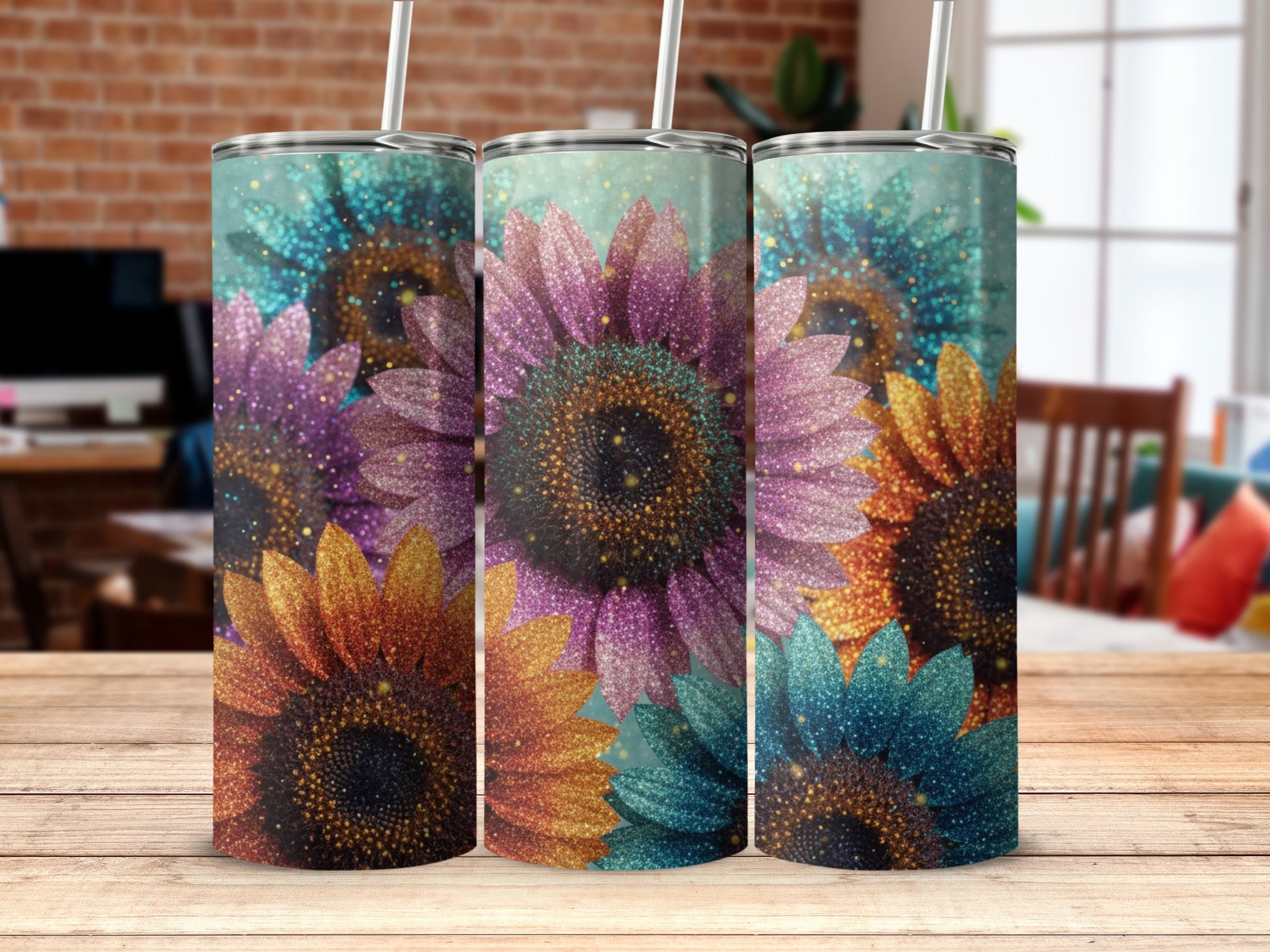 Colorful Sparkling Sunflowers Tumblers Set