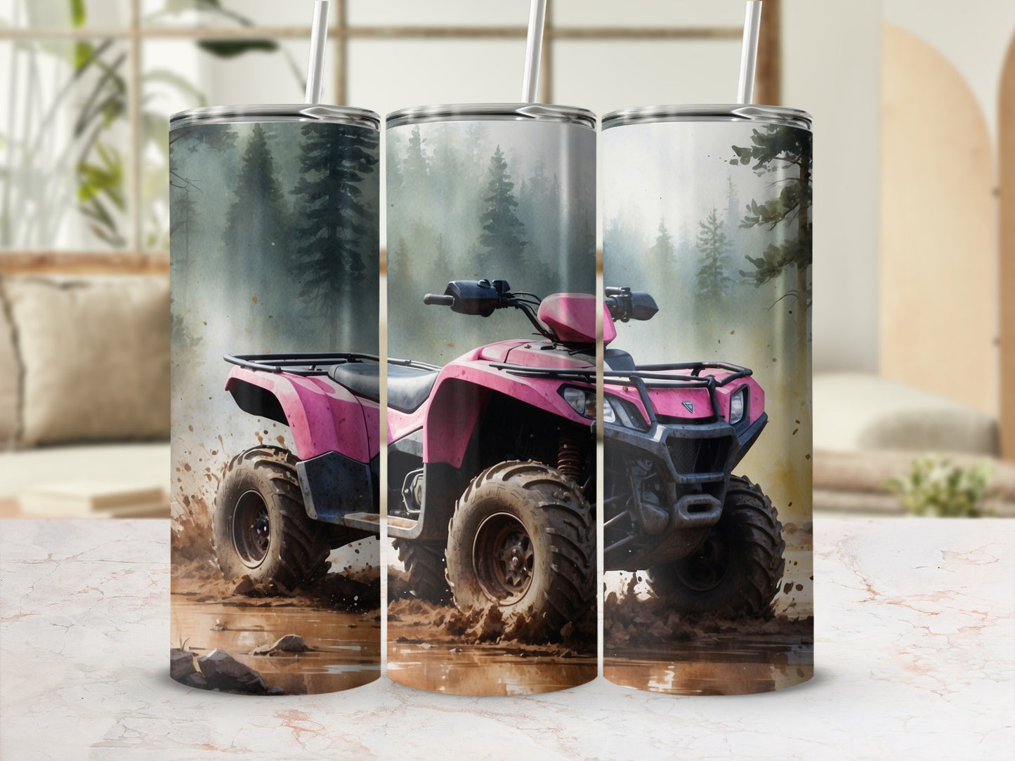 Pink ATV splashes through muddy terrain in a forest setting.