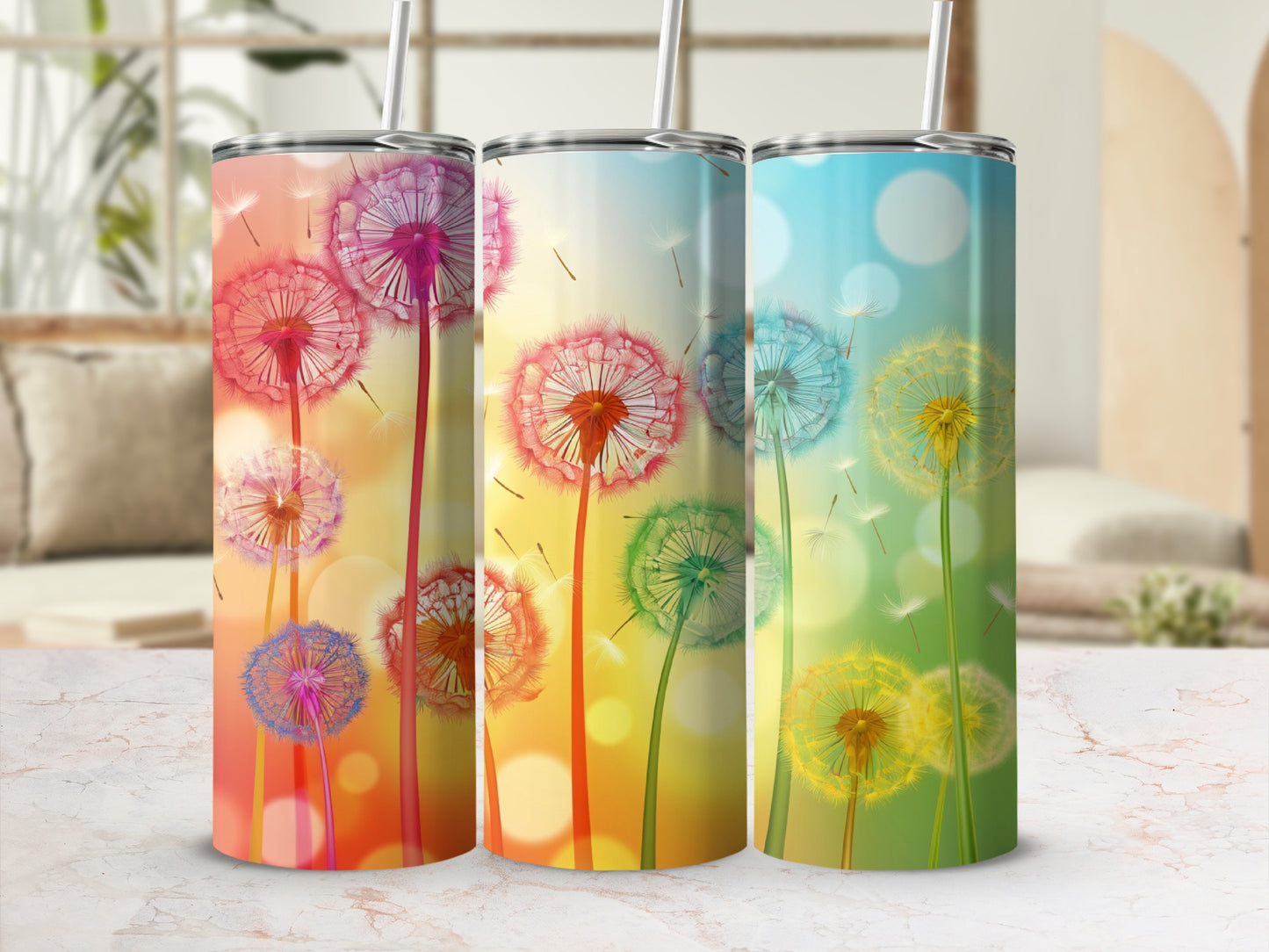 Three tumblers with dandelion designs in pink, green, and blue color gradients.