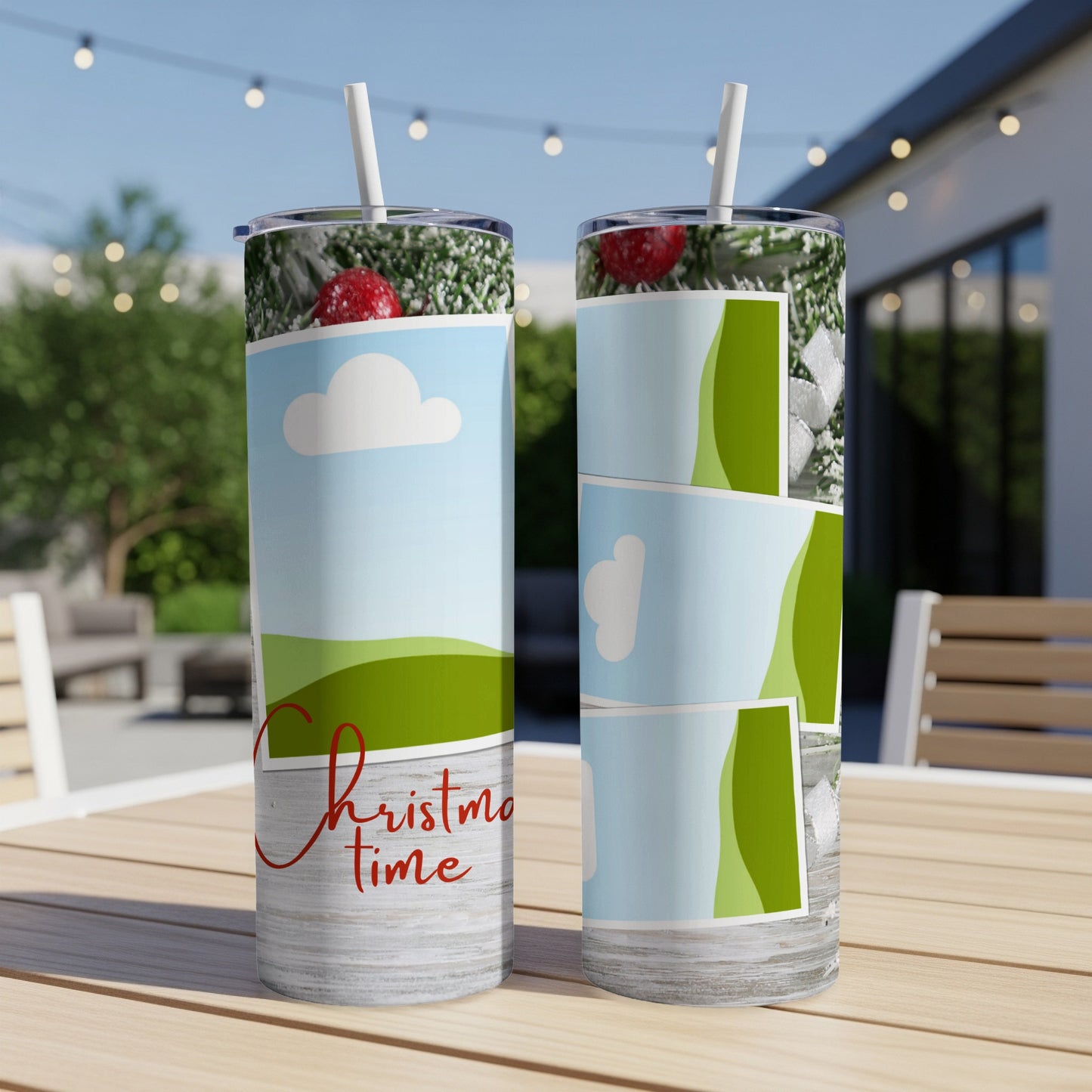 Two tumblers with a "Christmas time" design and festive snowy elements.