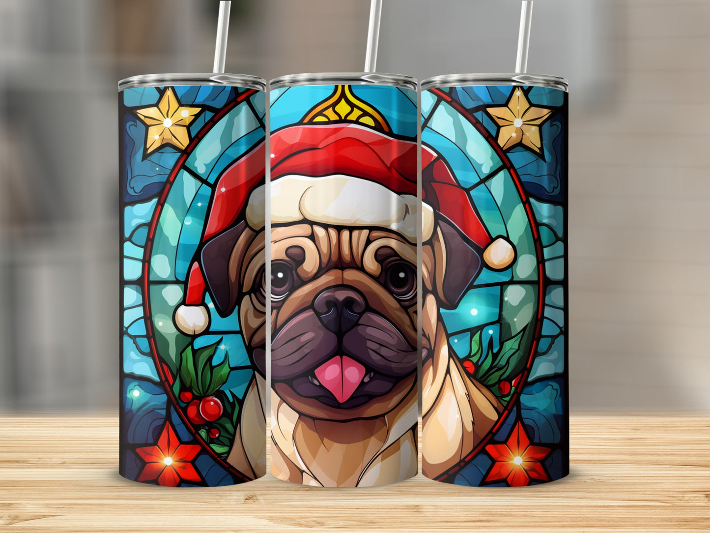 Pug in Santa hat with stained glass background on three tumblers.