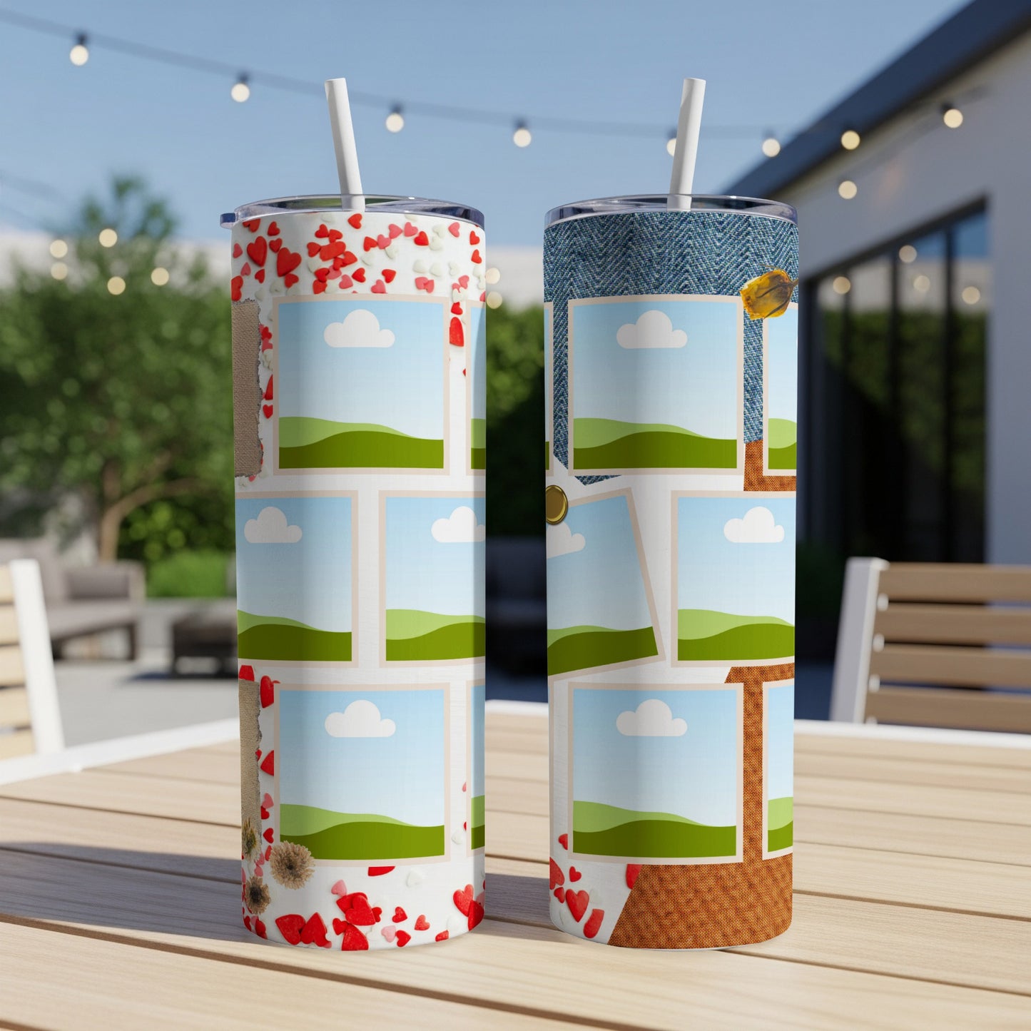 Two tumblers with photo frames and heart designs displayed outdoors on a wooden table.