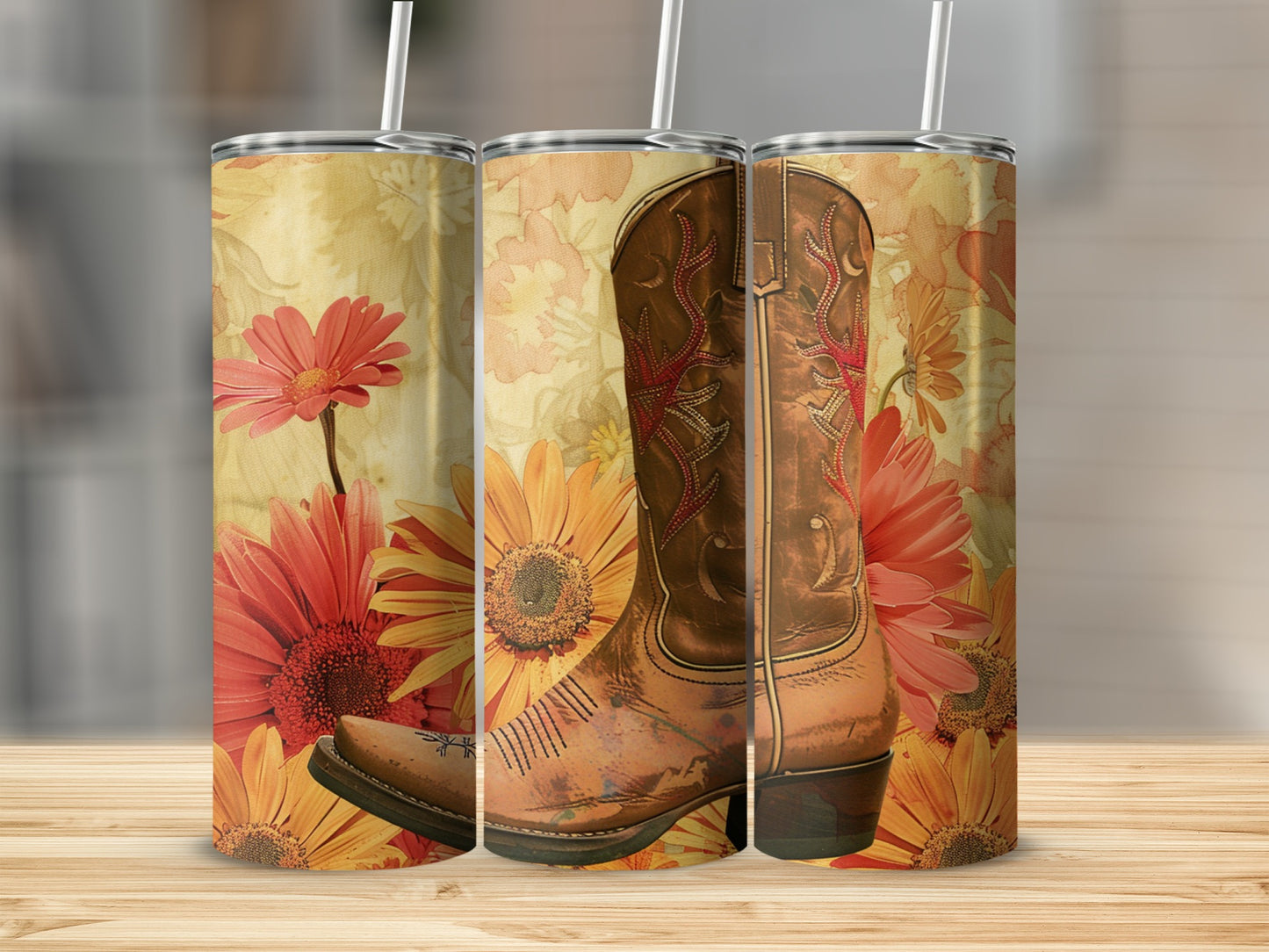 Brown cowboy boot with floral pattern on a tumbler.