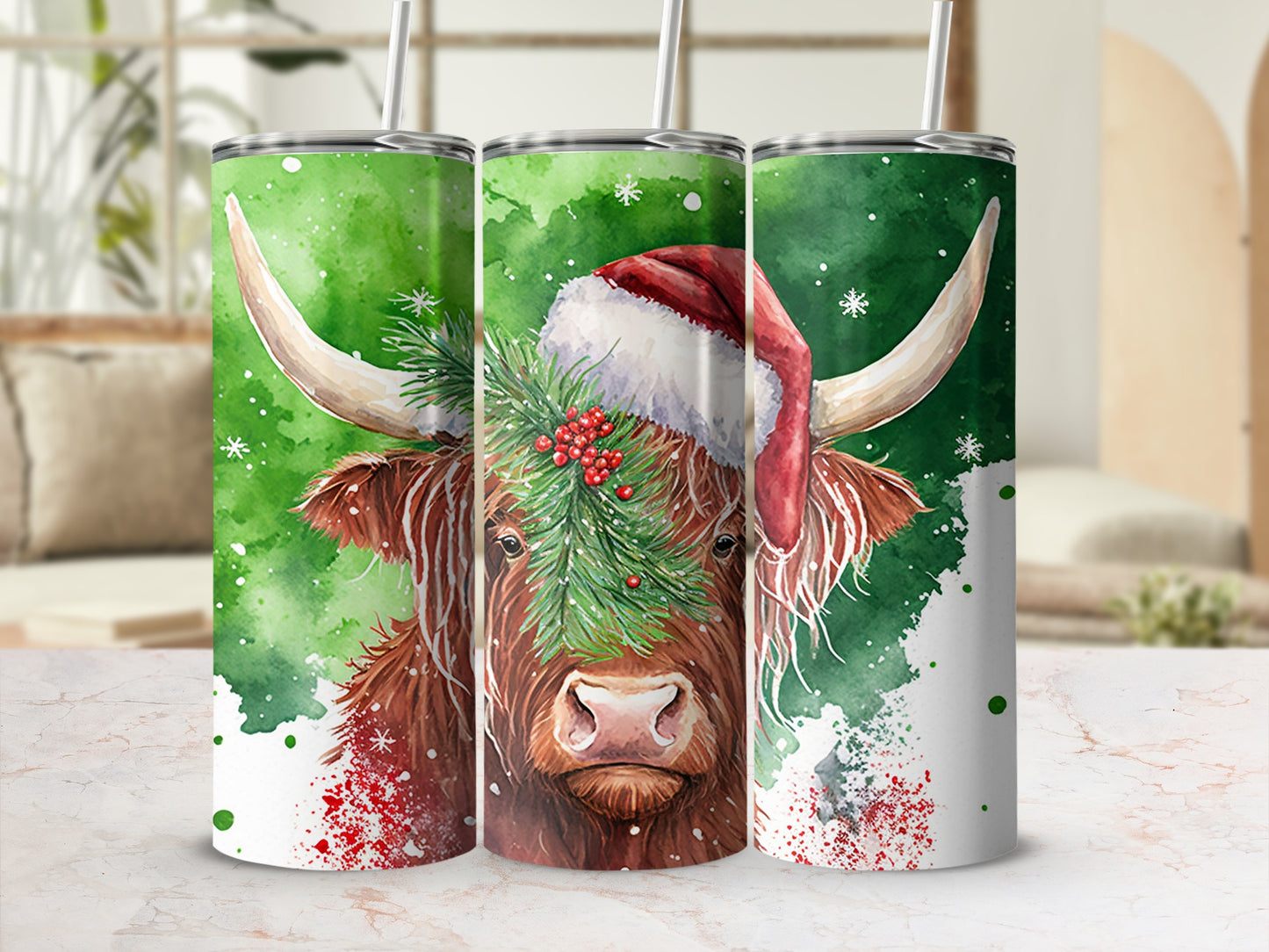Highland cow wearing Santa hat with green branches and berries.